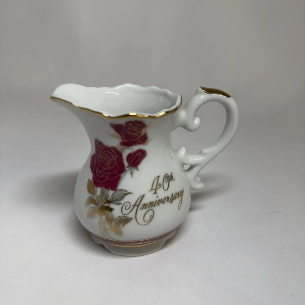 Vintage Nasco 40th Anniversary Fine China Tea Set 3pc White Gold Red Roses Japan